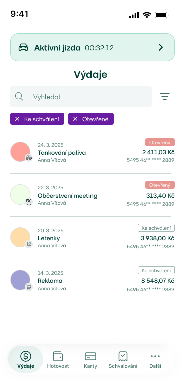 Přehled výdajů s lištou probíhající aktivní jízdy a časomírou