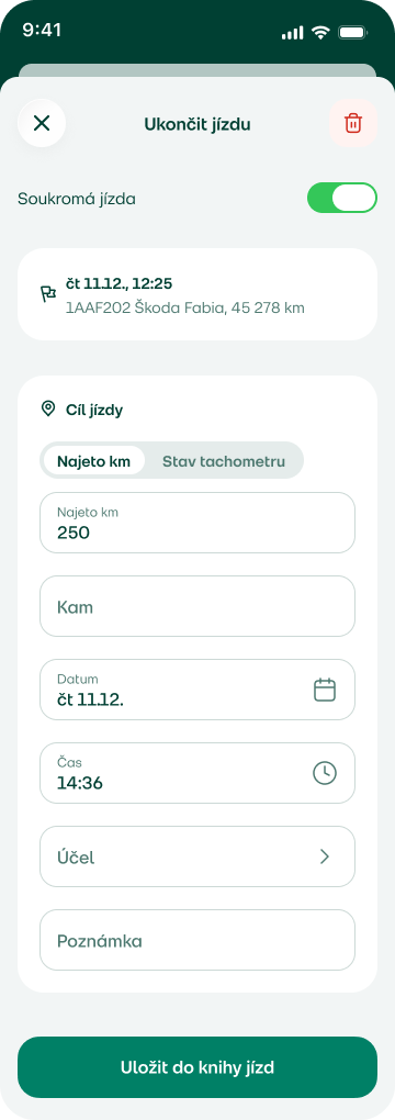 Obrazovka Ukončit jízdu s najetými kilometry, cílem a uložením do knihy jízd