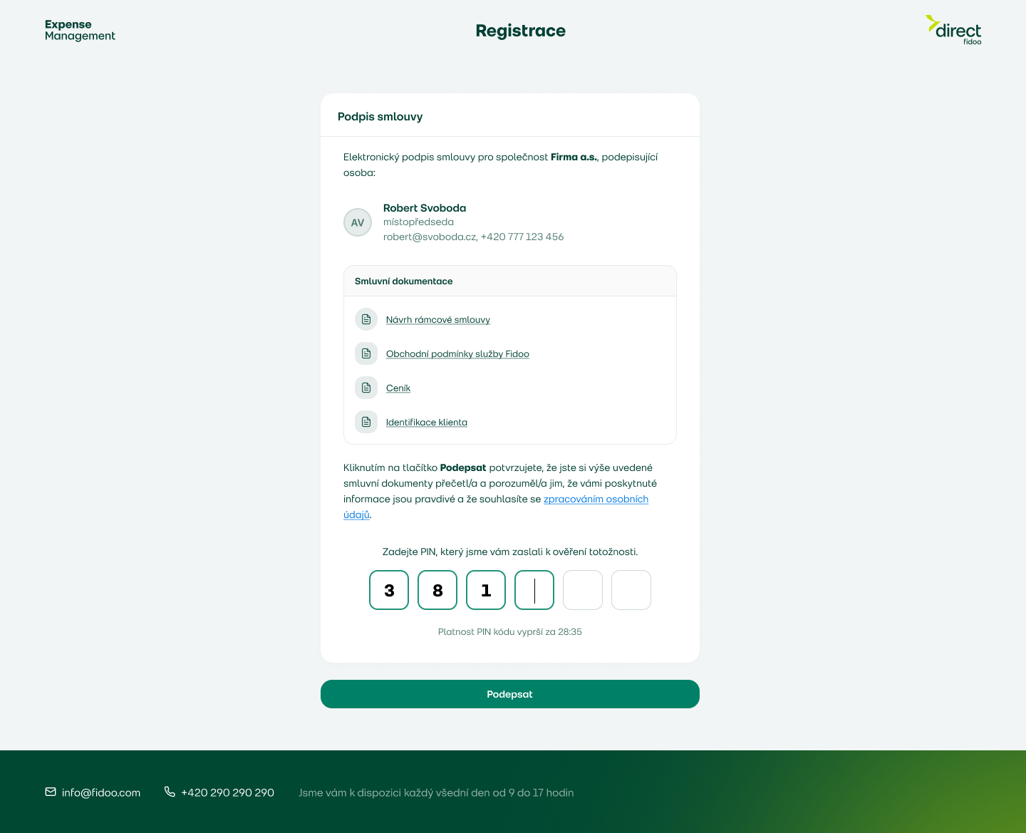 Elektronický podpis smlouvy se smluvní dokumentací a&nbsp;ověřením PIN kódem